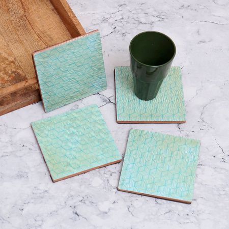 Handmade Sky Blue Pattern Wooden Coasters - Pack of 4